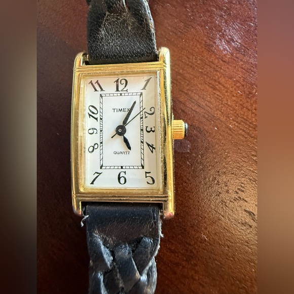 Timex Accessories - Vintage Timex Gold-Tone Rectangular Watch with Black Braided Leather Strap